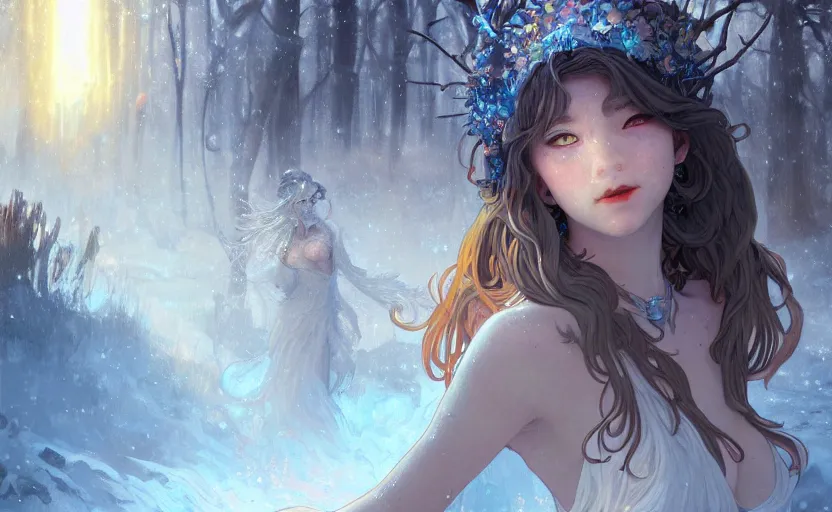 Image similar to beautiful ancient frost witch, fire in eye, snow glow, pool party, highly detailed, digital painting, artstation, sharp focus, illustration, art by tan zi and ayanamikodon and alphonse mucha and wlop