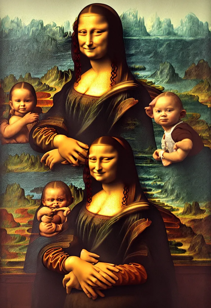 Prompt: a portrait painting of one Mona Lisa holding one Baby Yoda