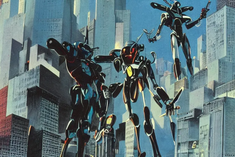 Prompt: 1 9 8 0 s anime screenshot of a sleek, slender, human - scale mecha suit defending the city streets, fighting a mutant monster, designed by hideaki anno, drawn by tsutomu nihei, and painted by zdzislaw beksinski