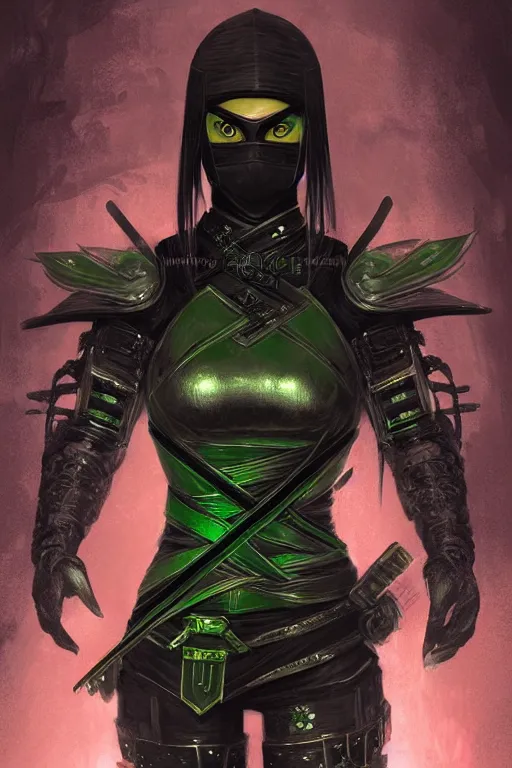 Image similar to portrait a Ninja gaiden girl, armored black and green ninja wardrobe, in ruin japanese rainny temple night, ssci-fi and fantasy, intricate and very very beautiful and elegant, highly detailed, digital painting, artstation, concept art, smooth and sharp focus, illustration, art by tian zi and WLOP and alphonse mucha