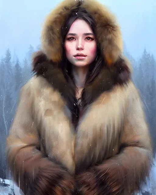 Image similar to a beautiful siberian girl with bear fur coat | | realistic shaded, unpleasant face, bad looking, fine details, realistic shaded lighting poster by greg rutkowski, magali villeneuve, artgerm, jeremy lipkin and michael garmash and rob rey