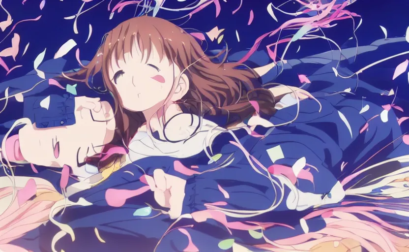 Image similar to girl listening to music at 1 am falling asleep, kyoto animation key visual