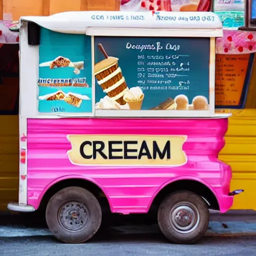 Prompt: menu of ice cream on side of ice cream truck