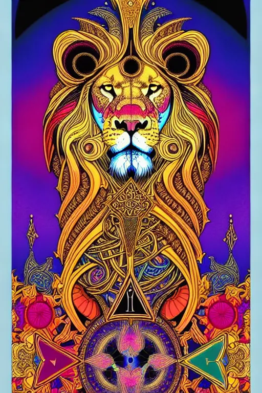 Image similar to beautiful and colorful fractal tarot card featuring an ornate, realistic, and regal viking lion by Dan Mumford, by Jim Fitzpatrick, by joe wilson, featured on deviant art, trending on artstation