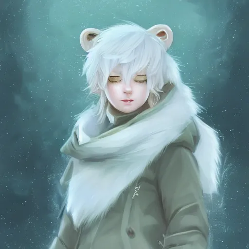 Image similar to aesthetic portrait commission of a albino male furry anthro low-poly lion wearing a cute mint colored cozy soft pastel winter outfit, winter Atmosphere. Character design by charlie bowater, ross tran, artgerm, and makoto shinkai, detailed, inked, western comic book art, 2021 award winning painting