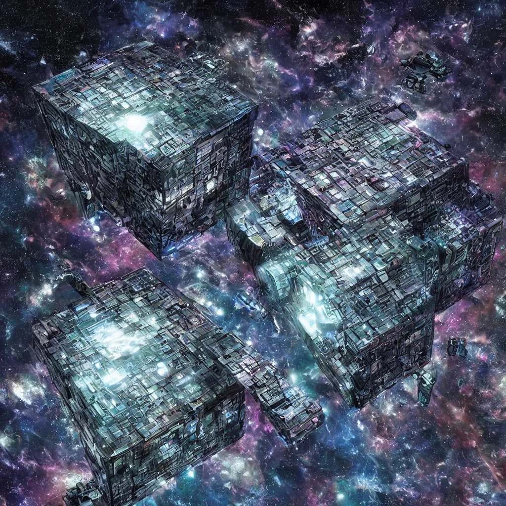 Image similar to a borg cube in space, art by mark cooper, 8 k, hyper detailed, hdr, intricate, masterpiece