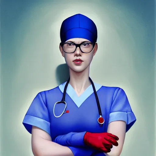 Prompt: an portrait of an female wearing nurse uniform with short sleeves, blue gloves, red hair, glasses, glossy lips, digital painting, artstation, concept art, donato giancola, Joseph Christian Leyendecker, WLOP, Boris Vallejo, Breathtaking, 8k resolution, extremely detailed, beautiful, establishing shot, artistic, hyperrealistic, octane render, cinematic lighting, dramatic lighting, masterpiece, light brazen, extremely detailed and beautiful face