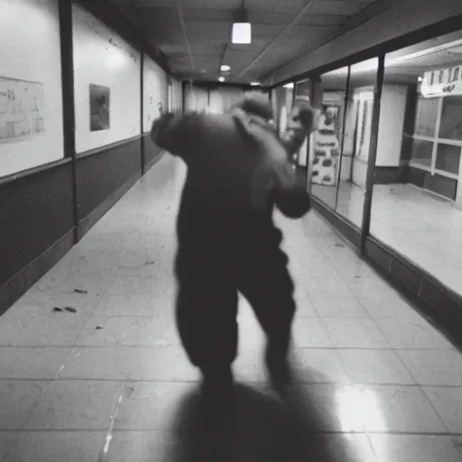 Image similar to A creepy photo of Danny Devito chasing you in an abandoned shopping mall, disposable film