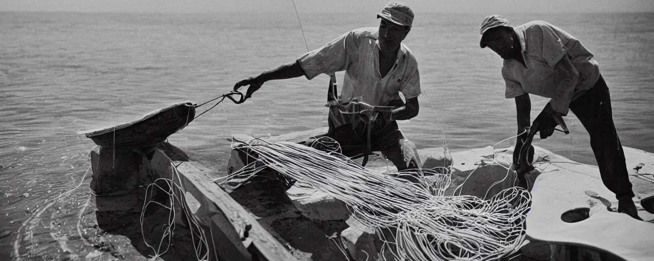 Image similar to fisherman pulling up a fresh catch of spaghetti from the ocean, canon 5 0 mm, cinematic lighting, photography, retro, film, kodachrome