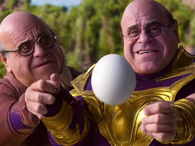 Image similar to danny devito as thanos, holding up an egg, cinematic, anamorphic, dramatic, 4 0 mm f / 2. 8