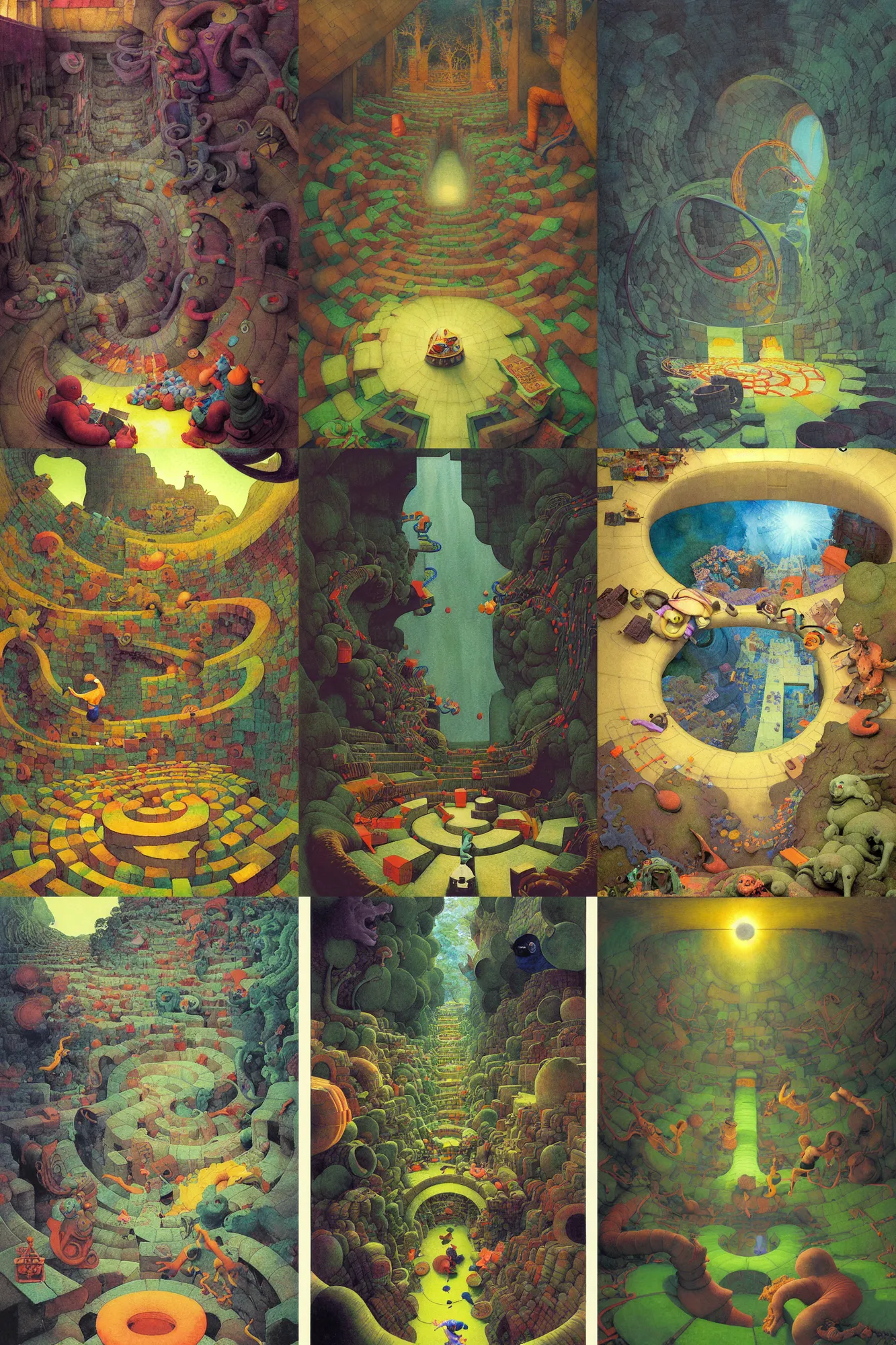 Prompt: dixit card, deep underground sewer, wobble, crash, flip, scoop, crush, jump, pull, labyrinth, picnic, cryptid, intricate, amazing composition, colorful watercolor, by ruan jia, by maxfield parrish, by shaun tan, by nc wyeth, by michael whelan, by escher, illustration, volumetric, bloom, sun puddle