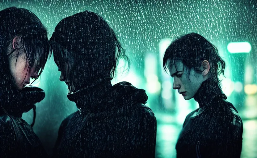 Prompt: cinestill 5 0 d candid photographic portrait by christopher nolan of two loving female androids sobbing wearing rugged black mesh techwear in treacherous city waters, medium closeup, modern cyberpunk moody emotional cinematic, pouring iridescent rain bright spotlight, 8 k, hd, high resolution, 3 5 mm, f / 3 2, ultra realistic faces, ex machina