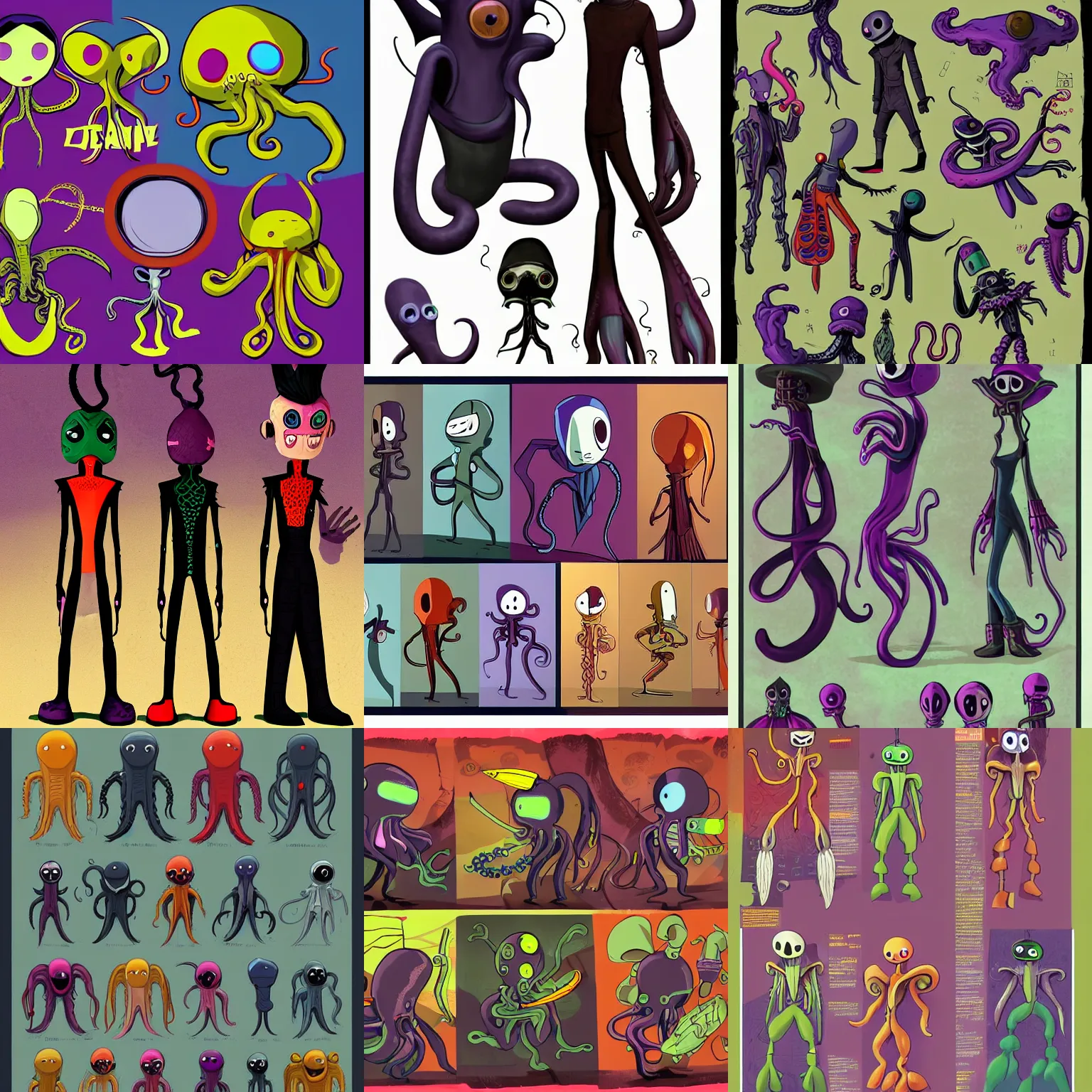 Prompt: vintage colorful tall lean vampire ninja aliens with big black alien eyes and a squid beak with three webbed tentacle arms and skinny thin human legs inspired as playable characters design sheets for the newest psychonauts video game made by double fine done by tim shafer that focuses on an ocean setting with help from the artists of odd world inhabitants inc and Lauren faust from her work on dc superhero girls and lead artist Andy Suriano from rise of the teenage mutant ninja turtles on nickelodeon using artistic cues for the game fret nice and art direction from the Sony 2018 animated film spiderverse