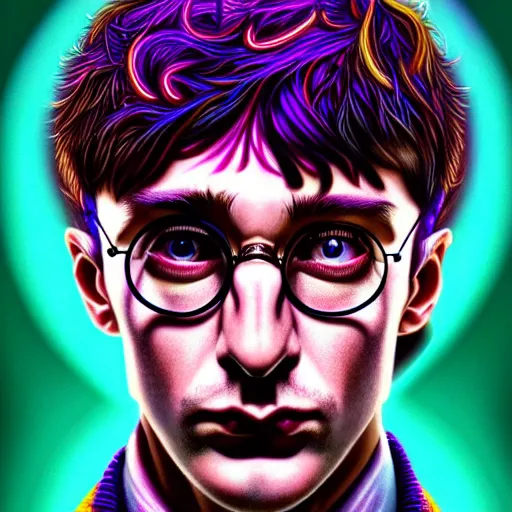 Image similar to An extremely psychedelic portrait of Harry Potter, surreal, LSD, face, detailed, intricate, elegant, lithe, highly detailed, digital painting, artstation, concept art, smooth, sharp focus, illustration