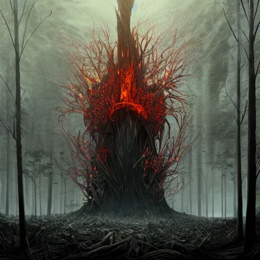 Prompt: tree of pain in a forest of fire, immense structure, hyperrealist, breathtaking, award - winning, groundbreaking, cinematic, dramatic, concept art, fan art, dark fantasy, lovecraft horror, intricate, digital art, zoomorphic, alien, 8 k, trending on artstation