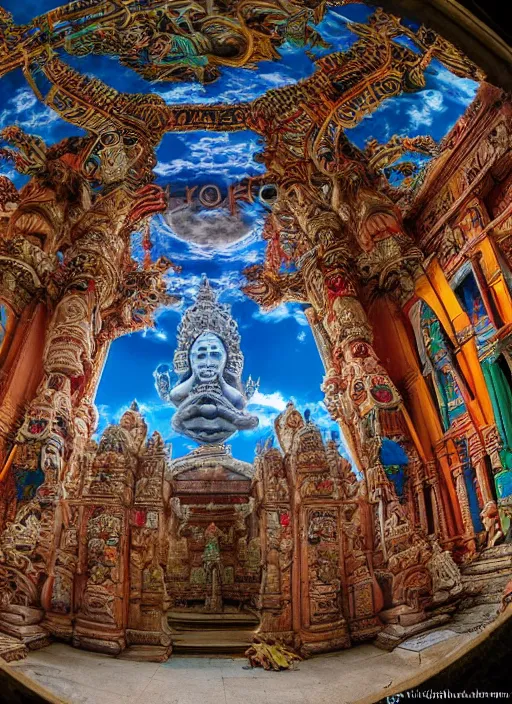 Prompt: breathtakingly beautiful ultrawide angle colour masterpiece weird dream, low angle view from inside a hindu temple, hindu goddess close shot, strange beautiful derelict temple, incredible sense of depth and perspective and clarity, arch, symmetry symmetrical, h. r. giger and alex grey and hiroshi yoshida and moebius and studio ghibli, 8 k