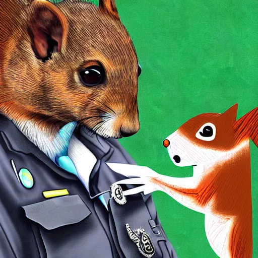 Image similar to a dog cop giving a speeding ticket to a squirrel, digital art