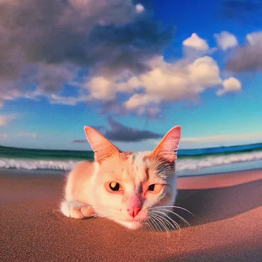 Prompt: a cat relaxing on the beach, pink sunset, real photograph, shot on a GoPro Hero 8