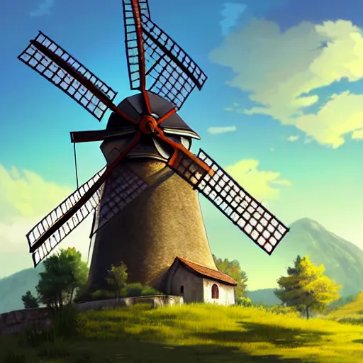 Prompt: concept art painting of a historic windmill with european and japanese architecture, in a small medieval village surrounded by trees, in a mountain valley, realistic, detailed, cel shaded, in the style of makoto shinkai and greg rutkowski and james gurney