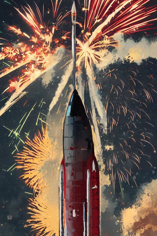 Image similar to full page illustration of a rocket launch, fireworks, fear, panic, anger, by phil hale, ashley wood, geoff darrow, 8k, hd, high resolution