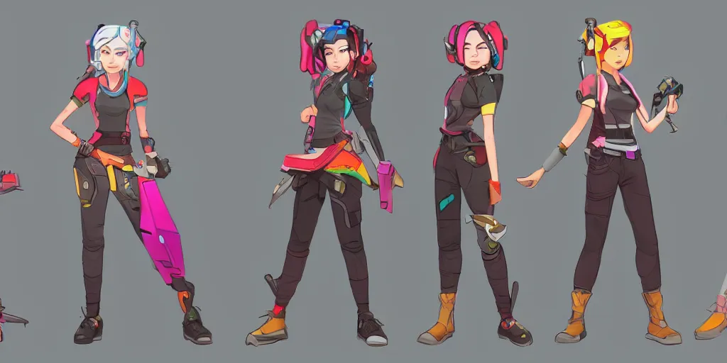 Prompt: character concept art of a mid 2 0's female casual themed outfit, colorful, no helmet, by qui fang and daryl tan, overwatch, studio trigger