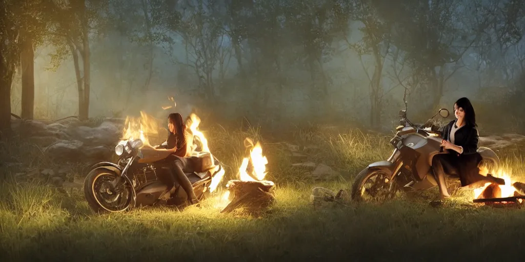 Image similar to A girl with short black hair and green eyes in a tan trenchcoat sitting on a log and drinking tea by the campfire by her motorcycle at night under the stars, elegant scene, wide angle, cinematic lighting, atmospheric, ultrarealistic, trending on artstation, cgsociety, highly detailed, color graded, in the style of craig mullins, rendered in Unreal Engine 4k HQ, horizon forbidden west