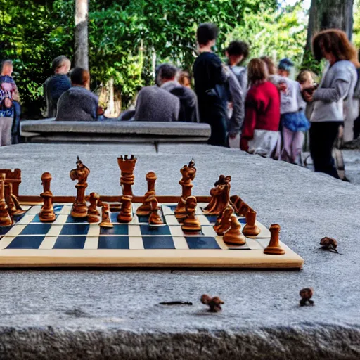 Image similar to squirrels playing chess on a stone table, a crowd watching on