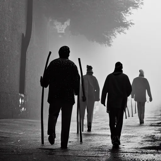 Prompt: a group of clowns walking down a long dark foggy alley the are carrying sticks. fog, tall decrepit buildings. black and white photography