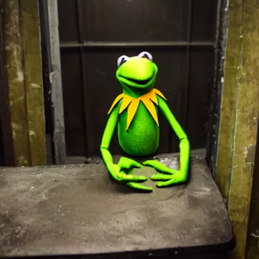 Image similar to kermit in the backrooms, dark and eerie