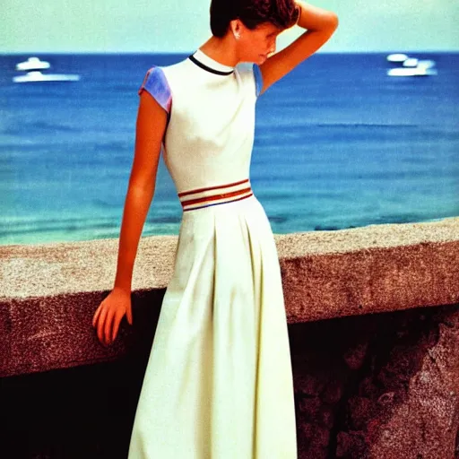 Prompt: 1 9 8 5 italia vogue magazine photo of a dress with cotton underskirt set, christian dior style, mediterranean beach background, refracted color lines, night, flash photography