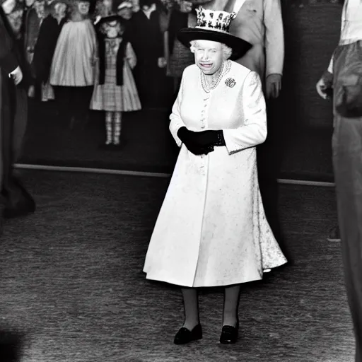 Image similar to queen Elizabeth II breakdancing on peasants