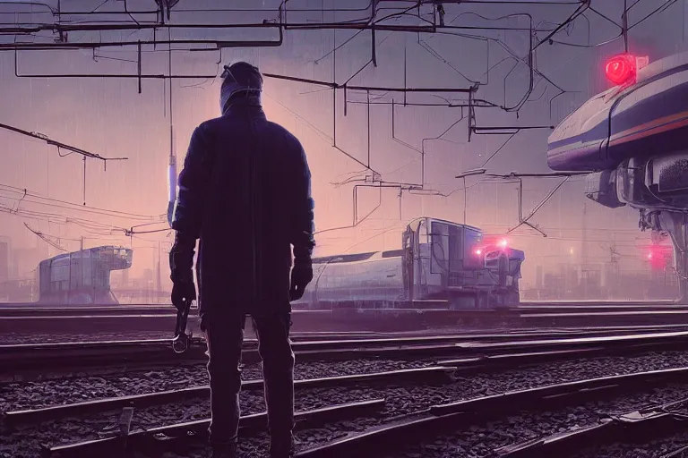 Image similar to a man standing in front of a train on a train track, cyberpunk art by mike winkelmann, trending on cgsociety, retrofuturism, reimagined by industrial light and magic, darksynth, sci - fi