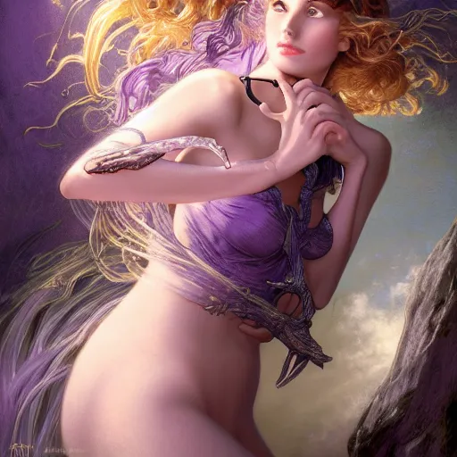 Prompt: beautiful female wizard with lavender skin casting swirling magic spell, nge, dark fantasy, three quarter profile face closeup, intricate, highly detailed, digital painting, volumetric light, artstation, concept art, smooth, sharp focus, illustration, art by gil elvgren and greg rutkowski and luis royo, and alphonse mucha, 8 k