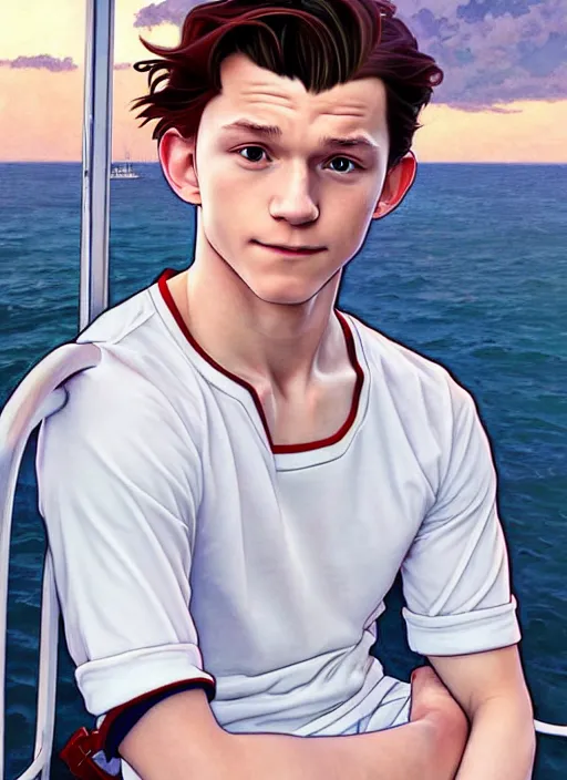 Image similar to cute tom holland wearing white sailor outfit on a steam boat, natural lighting, path traced, highly detailed, high quality, digital painting, by don bluth and ross tran and studio ghibli and alphonse mucha, artgerm