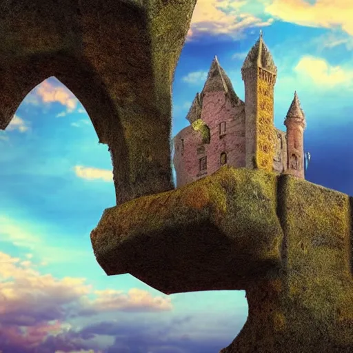 Image similar to | type : 3 d render | style : fantasy, detailed, hyperrealism | subject : a crumbling castle on a floating boulder | colors : gold and blue and green | scene : sky full of clouds during sunset | subject description : old and beautiful decaying castle | lighting : golden sunset | emotion : warm, peaceful | params :