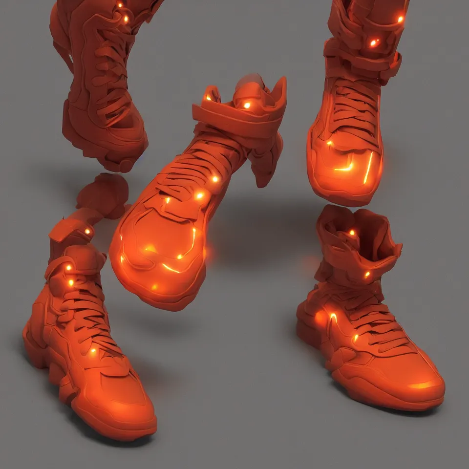 Image similar to realistic 8 k sculpture of 1 cyberpunk sneaker with neon illuminated rubber soles and soft orange shoelaces on a textured grey surface, clean 3 d render, beautiful studio lighting, soft, sharp focus, cyberpunk, intricate detail, gold and red accents, soft rubber, octane render, trending on artstation, deviantart, art by syd mead