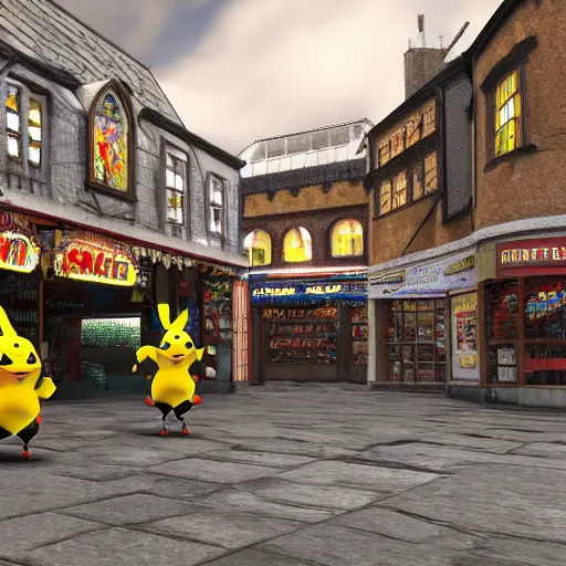 Image similar to unreal 5 render ultradetail of pikachu in an old english market place the style of the scream,