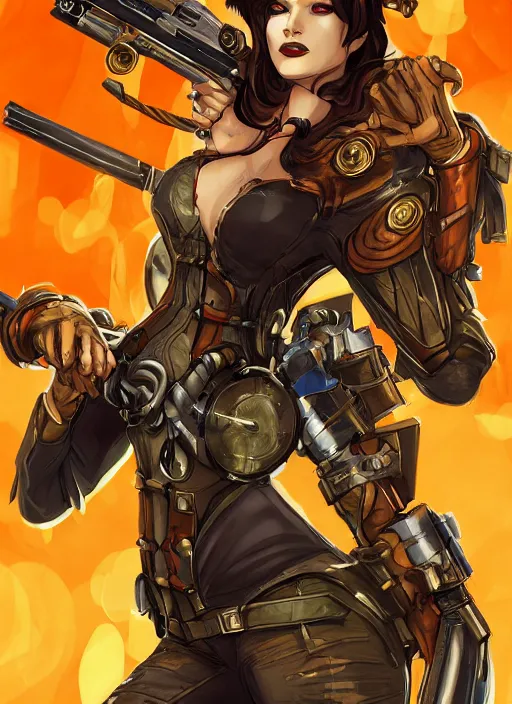 Image similar to Lady Mechanika in a Comic Book cover, holding a shotgun, artstation, Deviantart, Wallpaper, sharp,