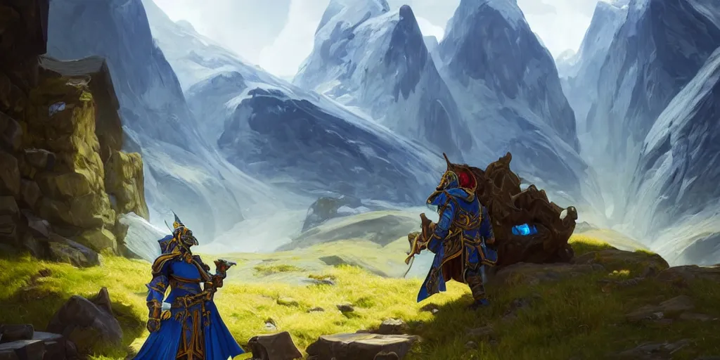 Prompt: wide angle, (blue knight with gold sword), (green hatchback car), glacier landscape, norway, D&D, fantasy, intricate, elegant, highly detailed, action pose, digital painting, artstation, octane render, concept art, matte, sharp focus, illustration, hearthstone, art by Artgerm and Greg Rutkowski and Alphonse Mucha