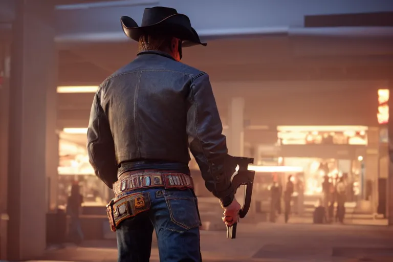 Image similar to photo from behind of a cowboy, carrying a gun, on a futuristic shopping mall, cinematic lightning, ray tracing, unreal engine 5, photorealistic, 8 k, uhd, 4 k, red dead redemption 3 game concept, extremely detailed, beautiful, elegant, intricate, foggy, in - game footage