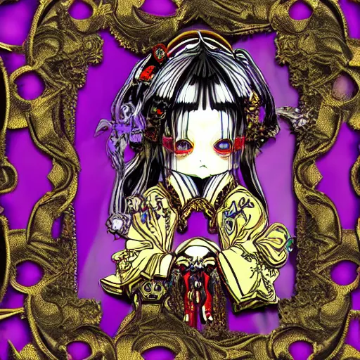 Image similar to baroque bedazzled gothic royalty frames surrounding a pixelsort emo demonic horrorcore japanese yokai doll, low quality sharpened graphics, remastered chromatic aberration