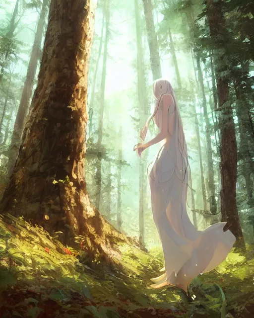 Image similar to a white tribeswoman standing in the woods. By Makoto Shinkai, Stanley Artgerm Lau, WLOP, Rossdraws, James Jean, Andrei Riabovitchev, Marc Simonetti, krenz cushart, Sakimichan, D&D trending on ArtStation, digital art.