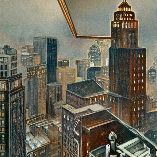Prompt: muted color ultra realistic painting of 1 9 2 5 boston downtown at night viewed through a broken mirror, aerial view, dark, brooding, night, atmospheric, horror, cosmic, ultra - realistic, smooth, highly detailed in the style of clyde caldwell