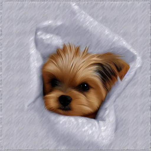 Image similar to digital painting of a cute adorable yorkie puppy with closed eyes sleeping on a soft white blanket