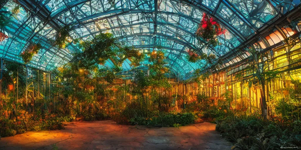 Prompt: tropical greenhouse garden, neon lights, mythology, fairy tale, urban landscape, evening, highly detailed, low angle view, artstation, in the style of aetherpunk