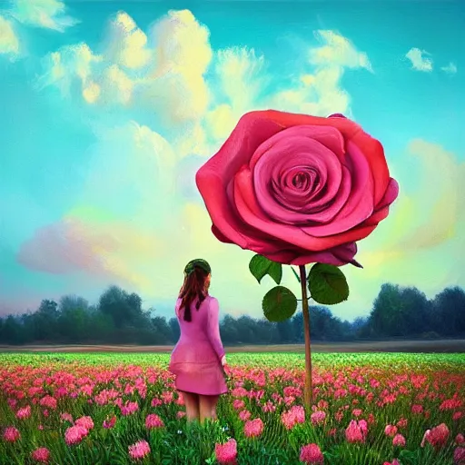 Image similar to large rose as a head, girl frontal in a flower field, surreal photography, sunrise dramatic light, impressionist painting, colorful clouds, digital painting, artstation, simon stalenhag