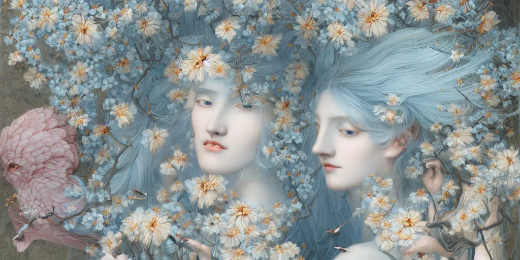 Image similar to breathtaking detailed concept art painting art deco pattern of blonde faces goddesses amalmation light - blue flowers with anxious piercing eyes and blend of flowers and birds, by hsiao - ron cheng and john james audubon, bizarre compositions, exquisite detail, extremely moody lighting, 8 k