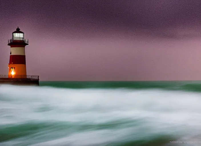 Image similar to a photo of a lighthouse in a storm at night. lonely, churning waves, splashing on lighthouse. warm lighting, long exposure