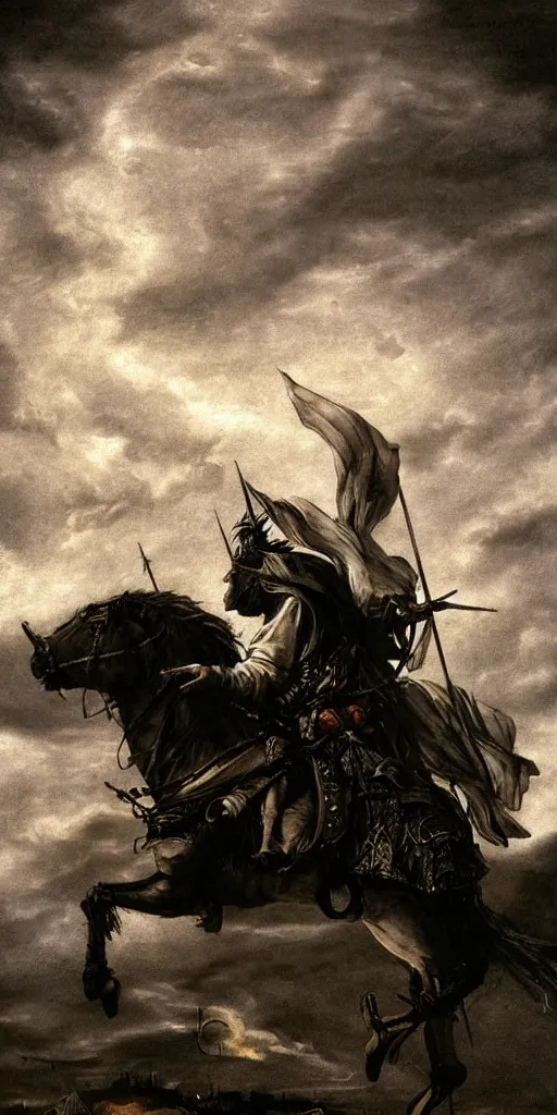 Prompt: a medieval don quixote walking alone in the night during a stormcloud with Lamancha windmills in the distance dramatic airbrushed clouds over black background by Luis royo and Caravaggio airbrush fantasy 80s, realistic masterpiece