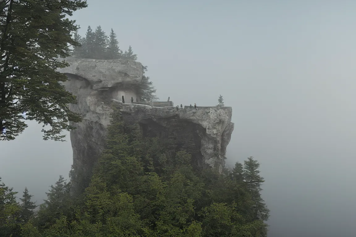 Prompt: A beautiful matte drawing of a ellipse-shaped building with rounded windows, standing on a large cliff near a coniferous forest. A thin stone bridge goes over the cliff. View from afar, fog, 8k, 16k, architectue, Alvaro Siza, herzog de meuron, architecture photo, high details, futuristic